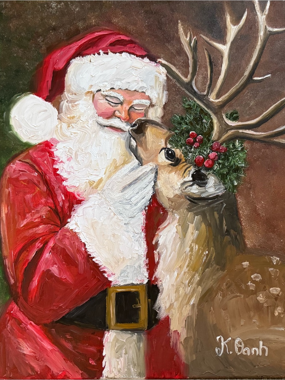Original oil painting Santa clause deer Christmas signed on canvas 16x24 inches